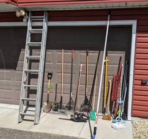 lot 132 image: Full Set of Garage Tools for Your Yard & Home Ladder, Rakes, Shovel, Mops, Brooms, Chainsaw, Hatchet and More