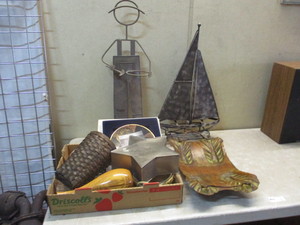 Yard Art and Other Metal Pieces and 2 Boxes of Lionel Train stuff