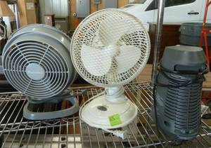 2 desk fans and an air purifier