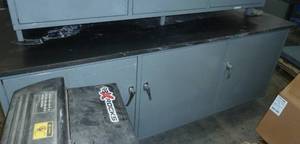 Warehouse storage cabinet with formica top measures 84x36x33 tall, 3 doors