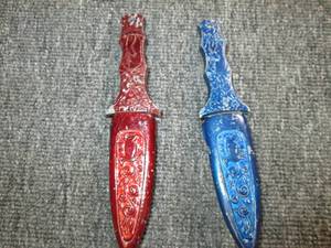 lot 9 image: 2 metal knives and holders made in ...