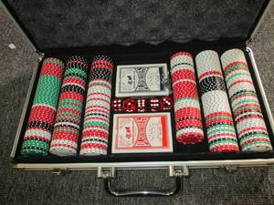 lot 35 image: poker chips and cards in a metal ca...