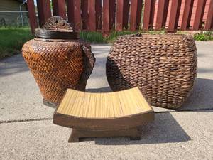Gorgeous Vintage Hand-Woven Collection- Rattan and Wood Emperors Bench, Bamboo and Carved Wood Rice Storage Urn, and Fully Lined Basket Container