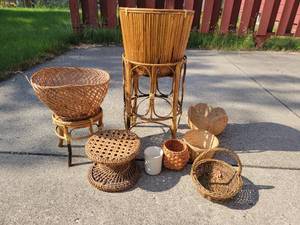 Lovely Mid-Century-Modern Hand-Woven Bamboo and Rattan Baskets and Planters Collection