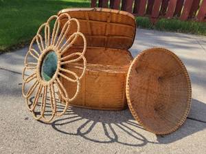 Rare Mid-Century-Modern Hand-Woven Rattan and Bamboo Collection-Flower Mirror, Bamboo Picnic Basket, and Large Basket