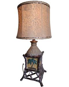 Rare Vintage 23.25 Palm Tree and Bamboo Ceramic Lamp With  Fun Cheetah  Lamp Shade-Works Great