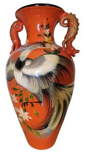 Rare Vintage Japanese Style Tall  29 Hand-Painted Orange Vase With Painting of Cranes