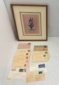 Group Of Vintage Postal Cards And Les C. Kouba Artist Proof Framed.