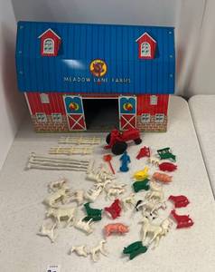 Vintage Ohio Art Tin Litho Meadow Lane Farms Barn, Plastic Tractor And Animals