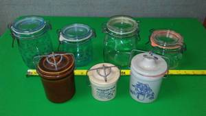lot 80 image: Vintage Look Glassware & Cheese Crocks.