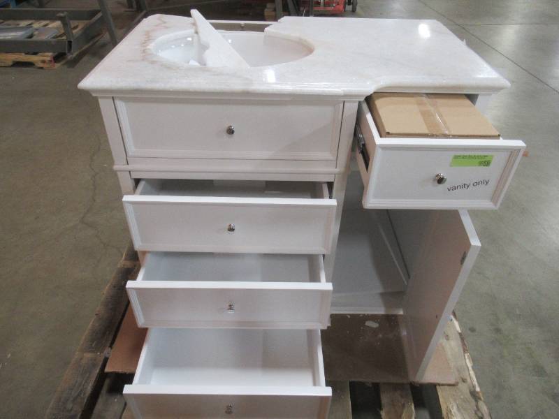 lot 249 image: Hampton Harbor 36 in. W x 22 in. D Bath Vanity Cabinet in White - Cracked Top, Chip at bottom of cabinet base in front, Damaged Back LH Top Corner..