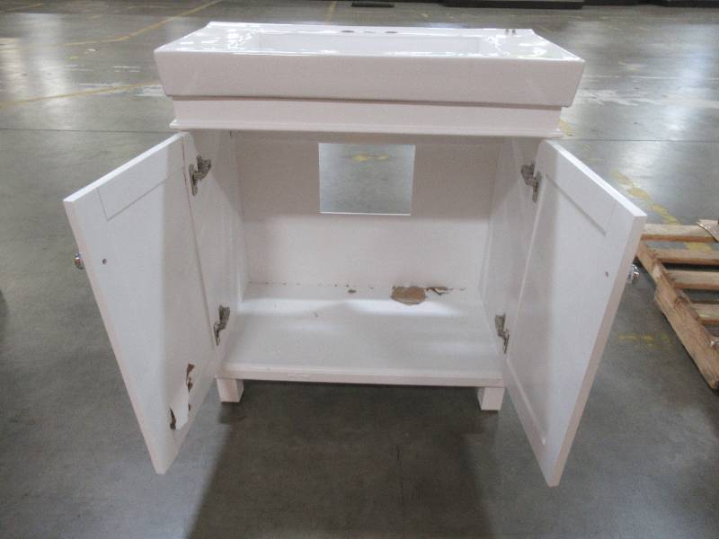 lot 245 image: Parkbridge 30 in. W x 15.10 in. D Vanity in White with Ceramic Vanity Top in White with White Sink - LH DOOR CRACKED.