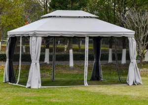 lot 19 image: Outsunny 10 ft x 13 ft Light Grey Outdoor Patio Gazebo Canopy with Polyester Roof & Mesh Curtains. 84C-101.