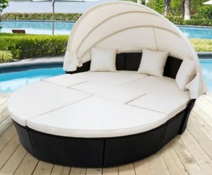 lot 22 image: Harper and Bright Designs Round Black Wicker Outdoor Day Bed with Beige Cushions and Retractable Canopy, LW201200AAA - Unclaimed Freight (4 Boxes)