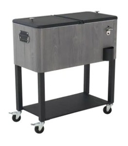 lot 23 image: Stylewell 80 Qt. Gray Woodgrain Cooler with Black Top and Shelf, A601008700. One of the Sides has damage from shipping.