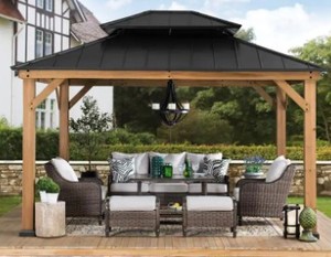 lot 1 image: Hampton Bay Crownhill 11 ft. x 13 ft. Hardtop Gazebo with Wood Posts - Unclaimed Freight.