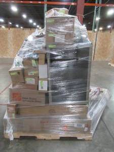 lot 25 image: LARGE WHOLESALESALVAGE PALLET (Approximately 135 Pieces) OF CABINET DOORDRAWER PULLS, CASTER KITS, BEVERAGE COOLER, UMBRELLAS AND MORE