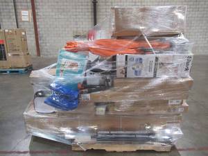 lot 27 image: LARGE WHOLESALESALVAGE PALLET (Approximately 25 Pieces) OF HAND TOOLS, SMALL APPLIANCES, GAZEBO PARTS, RANGE HOODS AND MORE