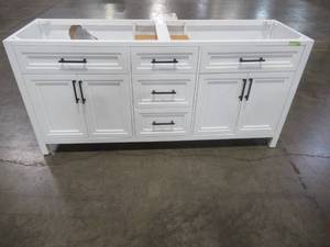 lot 29 image: Mayfield 72 in. W x 22 in. D Bath Vanity Cabinet in White, 72W. - Damage on back board.