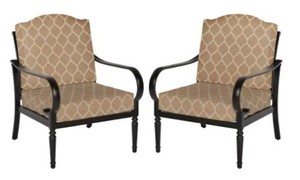 lot 43 image: Laurel Oaks Black Steel Outdoor Patio Stationary Dining Chair with CushionGuard Toffee Trellis Tan Cushions (2-Pack) - 1 chair has bent arm and leg (see photos).
