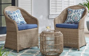 lot 44 image: Stylewell Florence 3-Piece Wicker Outdoor Patio Bistro Set with Blue Cushions, 65-MH313. Unclaimed Freight. Carton opened for inspection and photos.