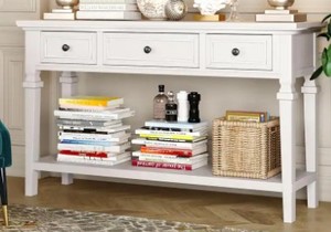lot 47 image: Godeer Classic 50 in. Antique White Standard Rectangle Wood Console Table with Top 3-Drawers, Open Style Bottom Shelf, WF199599AAK - Unclaimed Freight - Opened for inspection and photo.