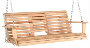 lot 49 image: Outsunny 59 in. W Natural Wood Porch Swing with Folding Coffee Table, Durable PU Coating, Chains Included, Unclaimed Freight.