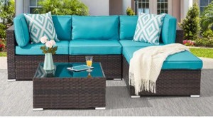 lot 51 image: Sonkuki 5-Piece Rattan Wicker Patio Conversation Sectional Seating Set with Lake Blue Cushions, R-SHA-005L - Unclaimed Freight - Opened for inspection and photo.