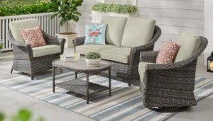 lot 52 image: Hampton Bay Chasewood Brown 4-Piece Wicker Patio Conversation Set with CushionGuard Biscuit Cushions, 505.1054.000  - Unclaimed Freight - Opened for inspection and photos.