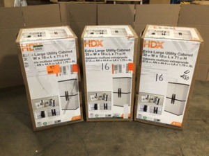 lot 16 image: HDX Plastic Freestanding Garage Cabinet in Gray (35 in. W x 71 in. H x 18 in. D) - Lot of 3 - Review all pictures