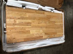 lot 23 image: Husky 52 in. W x 24 in. D Steel 2-Drawer Adjustable Height Solid Wood Top Workbench Table in White - Open Box - Review all pictures