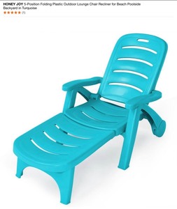 lot 12 image: HONEY JOY 5-Position Folding Plastic Outdoor Lounge Chair Recliner for Beach Poolside Backyard in Turquoise. See Pictures