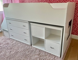 lot 15 image: Lofted Childrens Bed with Tuck Away Dresser and Cube Storage Unit
