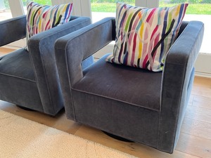 lot 2 image: Pair of Restoration Hardware Drew Swiveling Chairs in Vintage Velvet Twilight