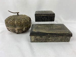 lot 11 image: 3 Antique Metal Ornately Carved Trinket Boxes - Chicago 1933 & More