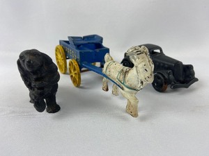 lot 23 image: Cast Iron Express Cart Being Pulled by Glorious Goat - Plus a Cast Iron Roadster & Little Spaniel Dog