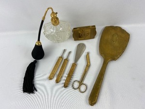 lot 16 image: Antique Gold Tone Vanity Set & Perfume Bottle