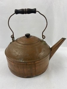 lot 92 image: Vintage Long Spout Copper Tea Kettle with Wooden Handle