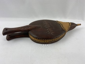 lot 94 image: Antique 20 Rustic Hand Carved Wood and Leather Fireplace Bellows