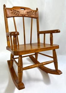 lot 82 image: Hand Crafted Bystrom Doll Rocker and Doll Accessories - Antique Evenflo Glass Bottles and More