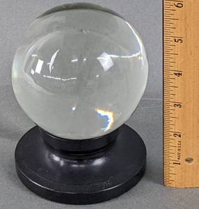 lot 118 image: Antique Handblown 3.5 Inch Crystal Ball and Wooden Stand