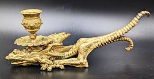 lot 27 image: Antique Cast Brass Dragon Candlestick Holder