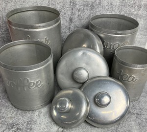 lot 63 image: Vintage Aluminum Heller Hostess Ware Canister Set w Salt & Peppers - Made in Italy