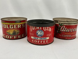 lot 50 image: Four Fun Vintage Coffee & Biscuit Cans - Atwoods, Folgers, Yacht Club & Uneeda Bakers