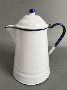 lot 113 image: Two Vintage White Enamel Coffee Pots with Dark Blue Handles