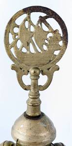lot 169 image: Antique Cast Metal Table Lamp with Slag Glass, Leaf Decor, Chinese Junk Ship Finial Cap