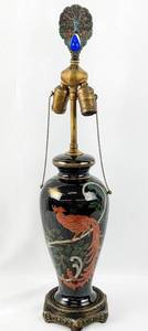 lot 168 image: Amazing Glass PhoenixPheasant Lamp with Cast Metal Base and Incredible Peacock Finial