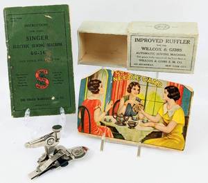 lot 165 image: Vintage Willcox &  Gibbs Ruffler in Box, Sewing Needles Card, and Singer 66-16 Manual