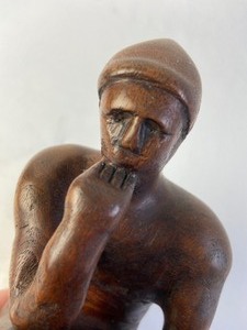 lot 221 image: Vintage 1968 Hand-Carved Wooden Thinker-Inspired Statuette by Harry Bystrom