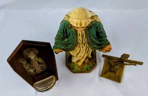lot 192 image: Vintage Religious Collection- Virgin Mary Chalkware Statue, French Holy Water Font & Brass Crucifix